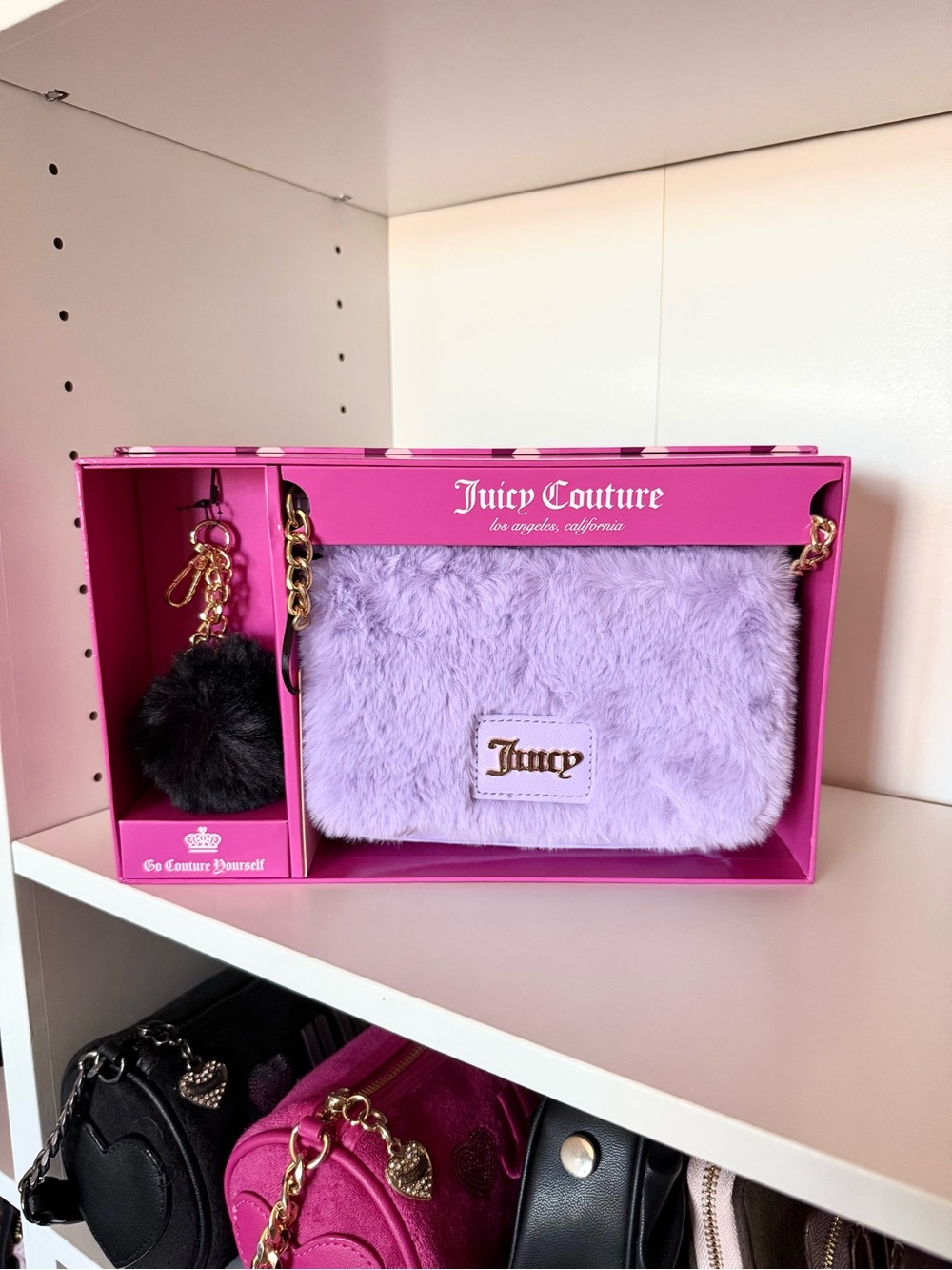 Juicy Couture “Free Love” Lilac Faux Fur Shoulder Bag with Gold Chain & Pom